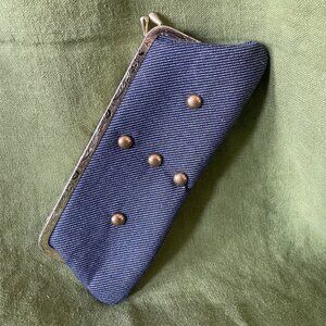 70s Vintage Navy Blue Denim & Gold Kisslock Eyeglass Case With Brass Studs